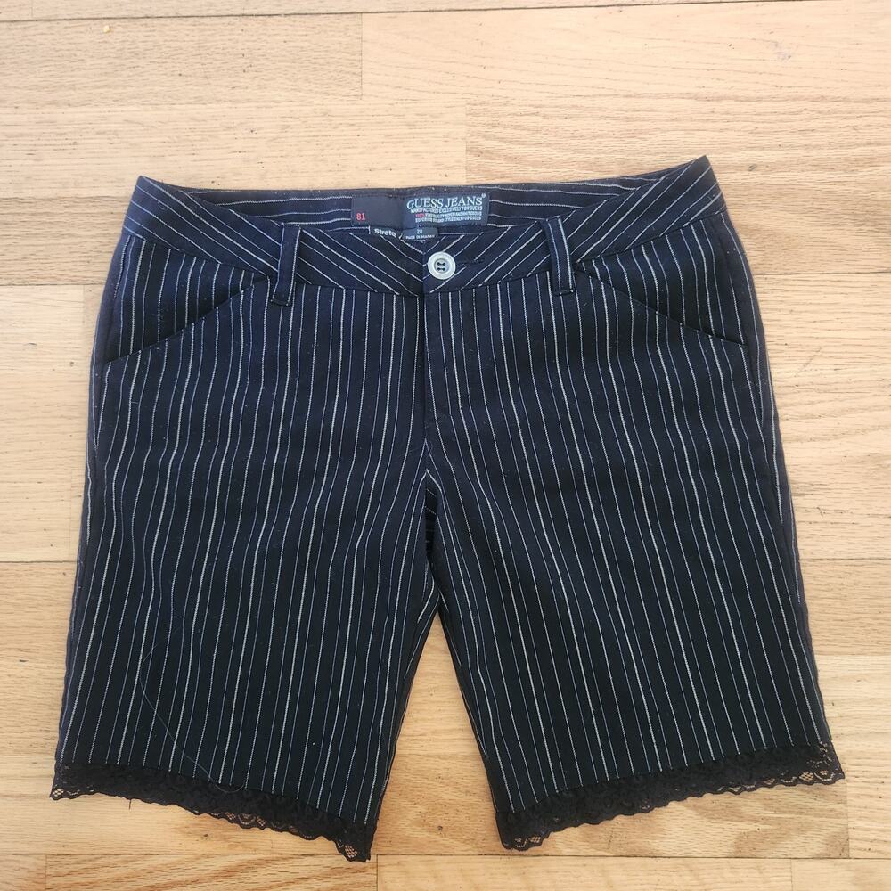 FLAW Vtg 90s Y2K Guess Shorts Sz 28 Women Pinstripe Lace Trim Black Grunge Goth